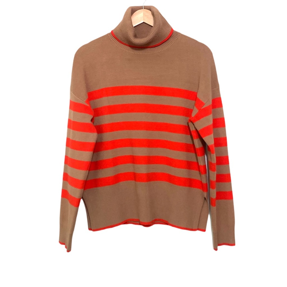 Tahari Sweater Striped Turtleneck Sweater Red Brown Medium Soft Cozy Comfortable